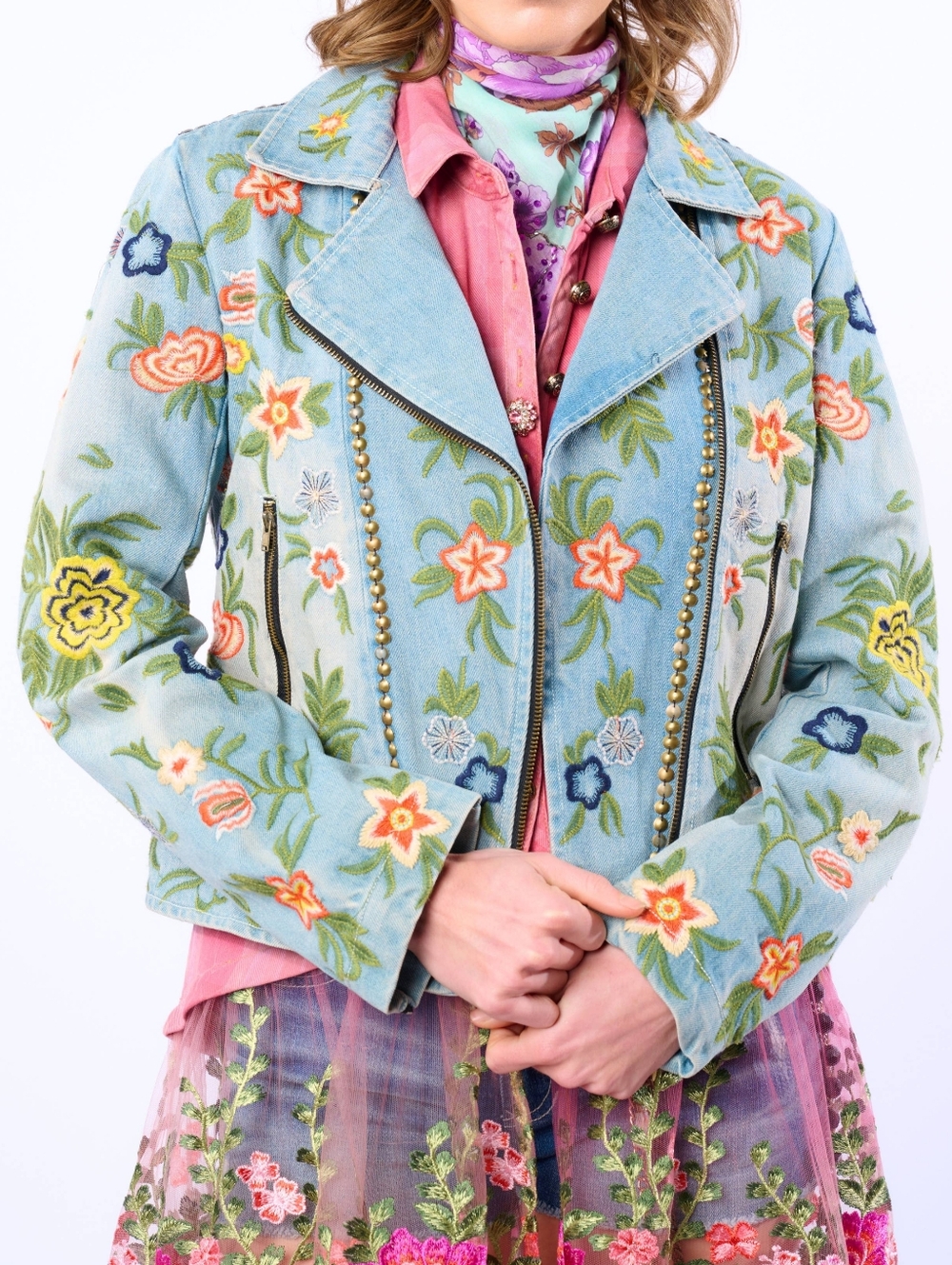 Aratta Lucinda Embroidered Light Blue Floral Moto Jacket